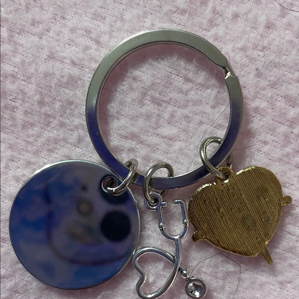 Keychain with Nurse Red Heart and Stethoscope Charms-silver tone